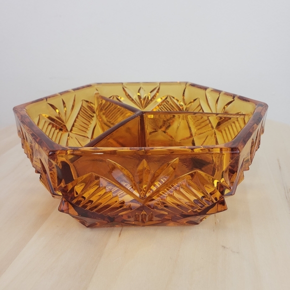 Vintage Amber Cut Glass Divided Dish Bow Candy Nuts Dining Decor - Picture 3 of 10